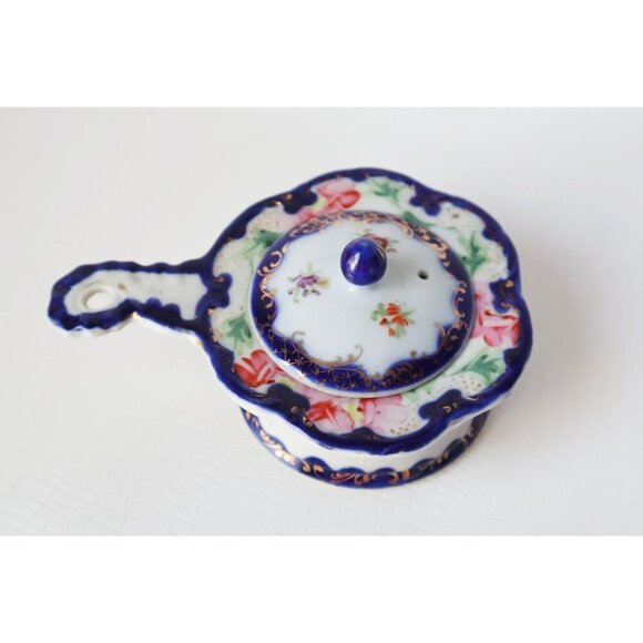 Antique Porcelain Blue & Floral Tea Strainer With Stand and Lid - Picture 2 of 10